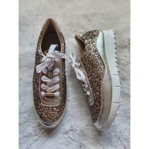 NWD JIMMY CHOO Monza Glittered Metallic Leather Sneakers Sz 36.5 Gold